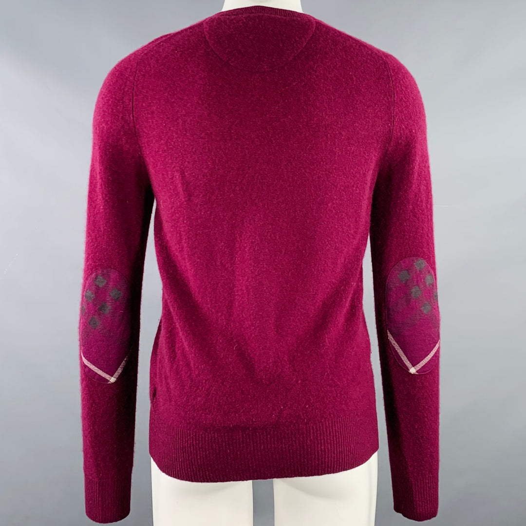 BURBERRY BRIT Size S Red Raspberry Cashmere Elbow Patches Crew Neck Sweater
