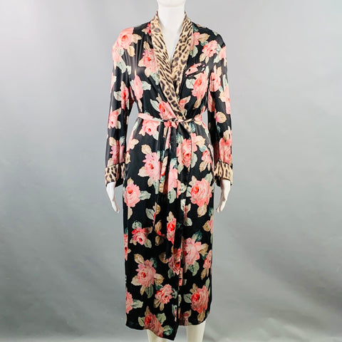 R13 Size XS Black Multi Color Silk Floral Shawl Collar Smoking Robe