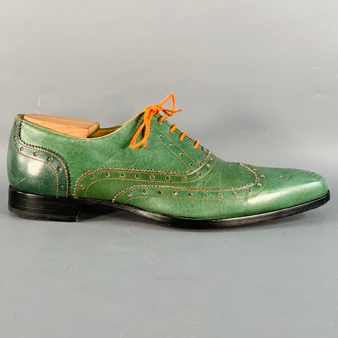 UNDANDY Size 10 Green Orange Perforated Leather Wingtip Oxford Lace-Up Shoes