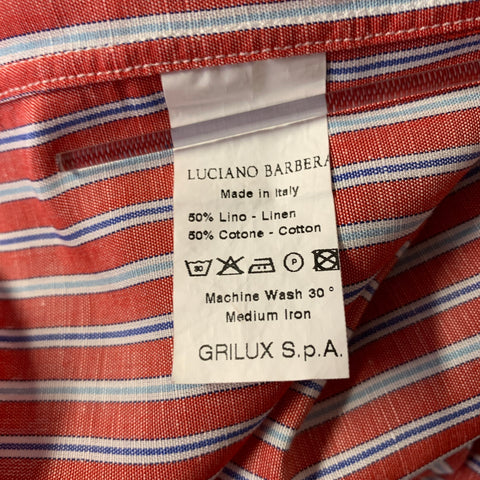 LUCIANO BARBERA Size L Red White Blue Stripe Linen Blend Long Sleeve Shirt