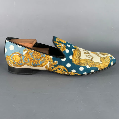 VERSACE Size 11 Green Gold Twill Baroque Slip On Loafers
