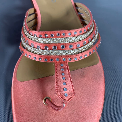 VALENTINO Size 8 Pink Silver Silk Rhinestones Thong Flats
