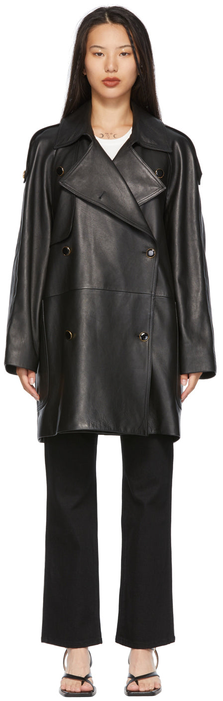 KHAITE Size S The Eden Black Leather Calfskin Trench Coat