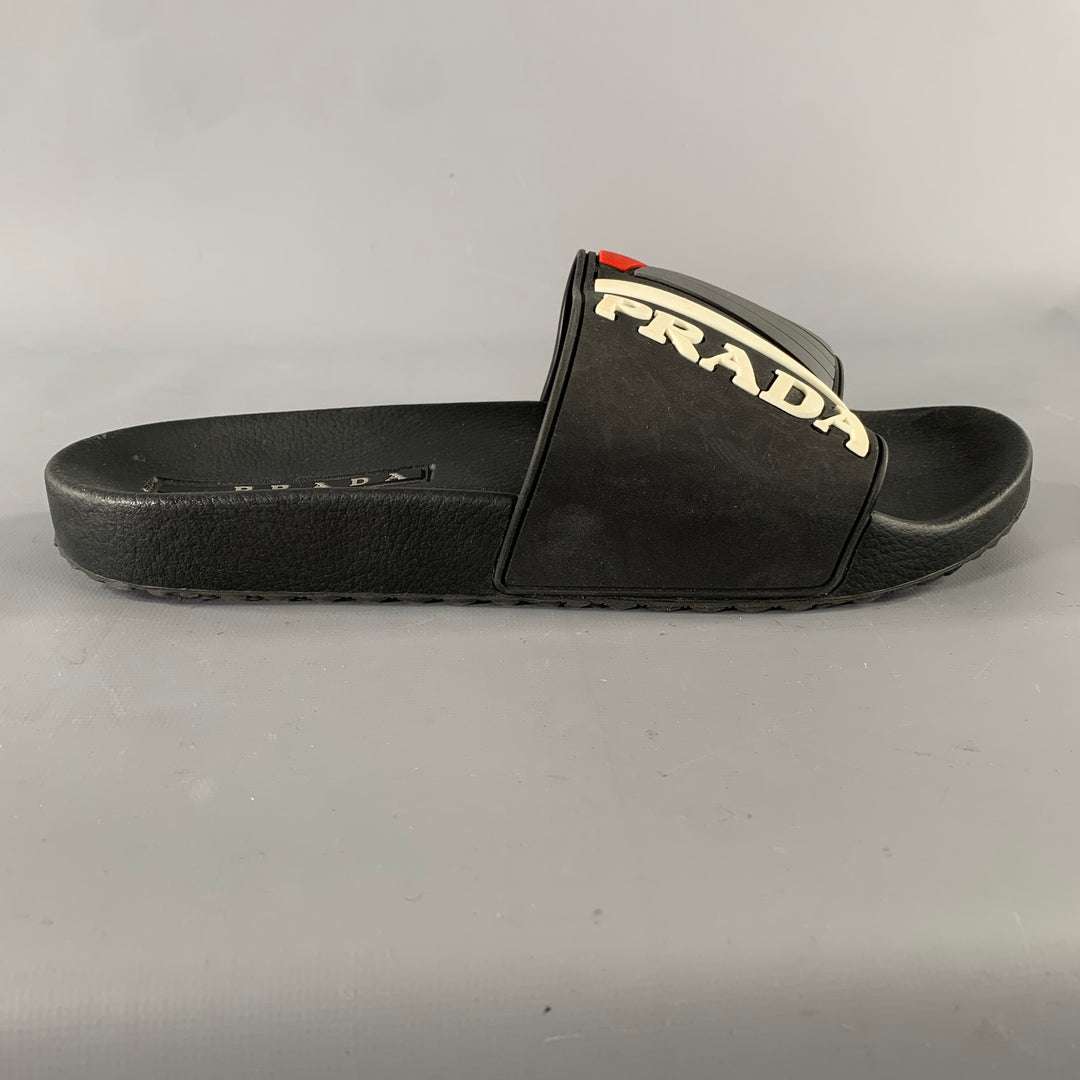 PRADA Size 8 Black & White Logo Rubber Slide Sandals