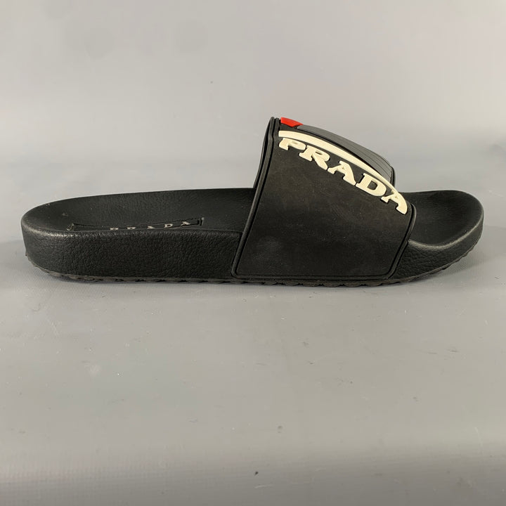 PRADA Size 8 Black & White Logo Rubber Slide Sandals