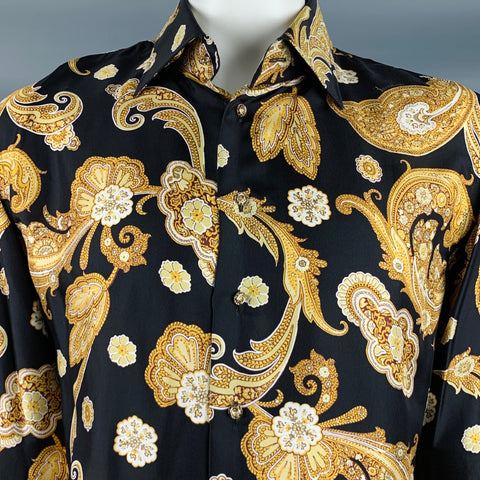 BILLIONAIRE COUTURE Size XL Black Gold Paisley Silk Long Sleeve Shirt