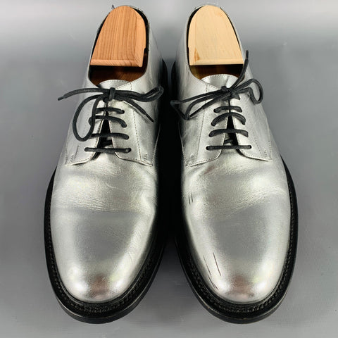 SAINT LAURENT Size 10 Silver Metallic Leather Derby Lace-Up Shoes