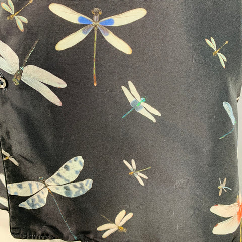 VALENTINO Size XL Black Multi Color Dragonflies Silk One Pocket Camp Short Sleeve Shirt
