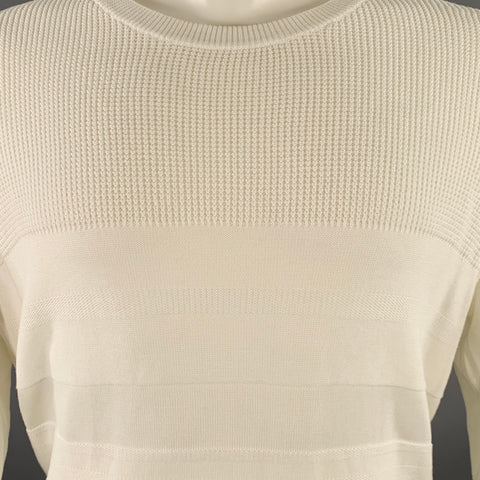 VINCE Size S White Waffle Knit Cotton Stripe Crew Neck Pullover