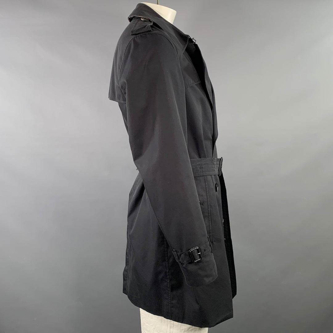BURBERRY LONDON Size 44 Black Cotton Double Breasted Belted Trenchcoat