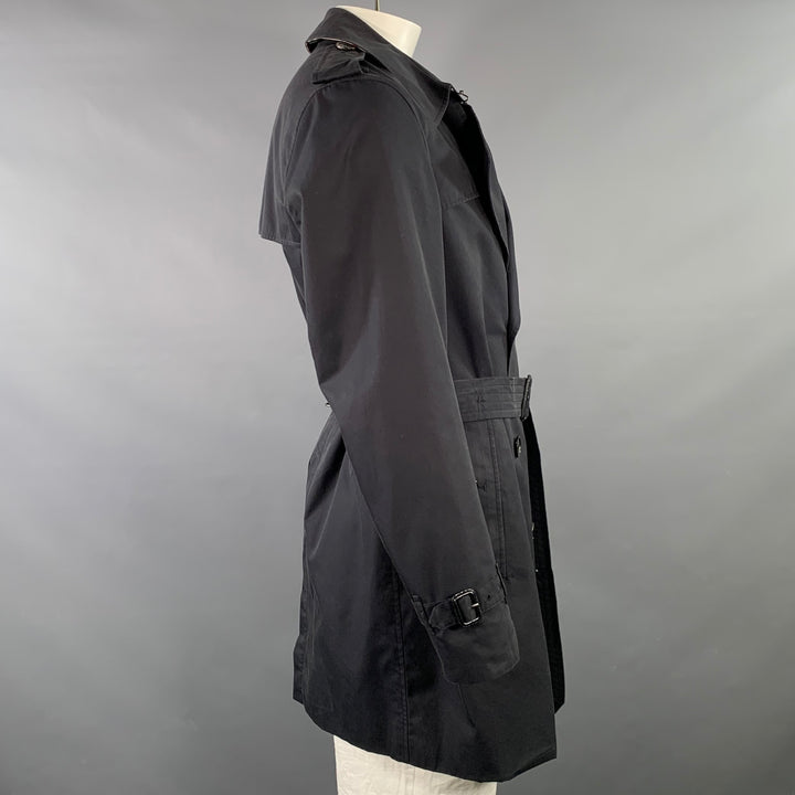 BURBERRY LONDON Size 44 Black Cotton Double Breasted Belted Trenchcoat