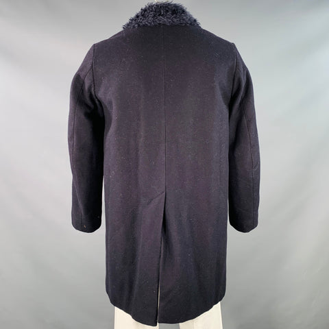 DRIES VAN NOTEN Size 42 Navy Black Wool Blend Faux Fur Collar Coat