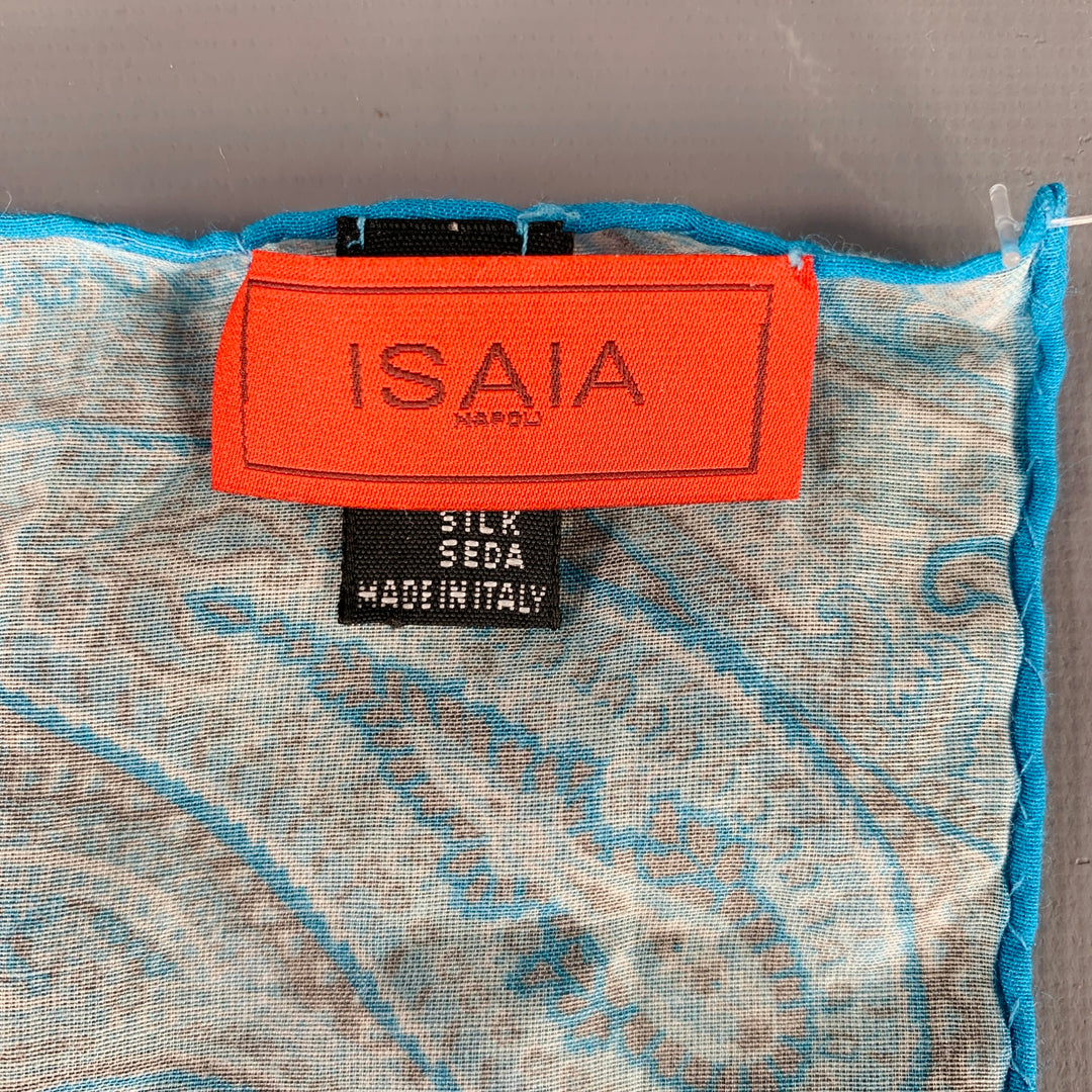 ISAIA Blue Aqua Paisley Cotton Silk Pocket Square