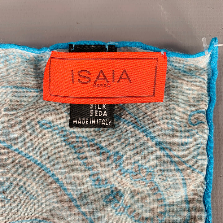 ISAIA Blue Aqua Paisley Cotton Silk Pocket Square