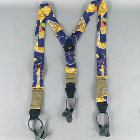 HERMES Black Gold Tassels Satin Leather Suspenders