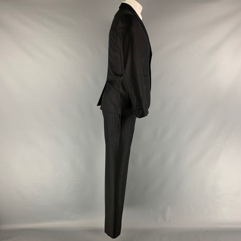 VERSACE Size 38 Black Solid Wool Silk Notch Lapel Suit