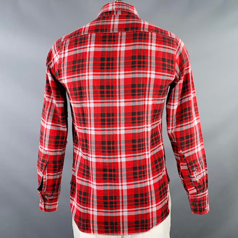 HOLLYWOOD TRADING CO Size L Red Black White Plaid Distressed Cotton Long Sleeve Shirt