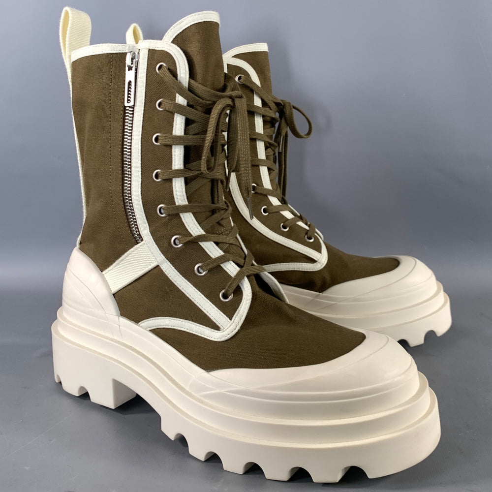 BOTTEGA VENETA Size 13.5 Green Cream Canvas Ankle Boots