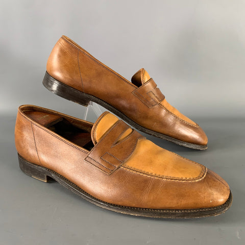 JOHN LOBB Size 9.5 Tan Brown Color Block Leather Penny Loafers