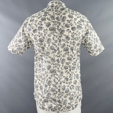 SHANGHAI TANG Size L White Black Floral Linen Cotton Collarless Short Sleeve Shirt