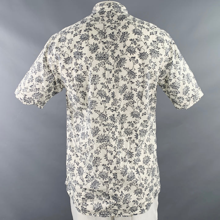 SHANGHAI TANG Size L White Black Floral Linen Cotton Collarless Short Sleeve Shirt
