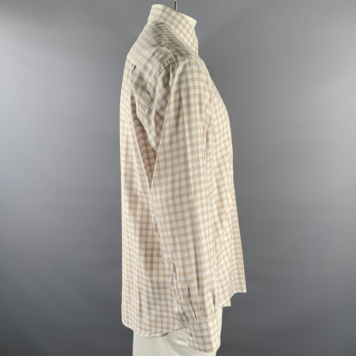 BRIONI Size L White Blue Tan Gingham Cotton Pointed Long Sleeve Shirt
