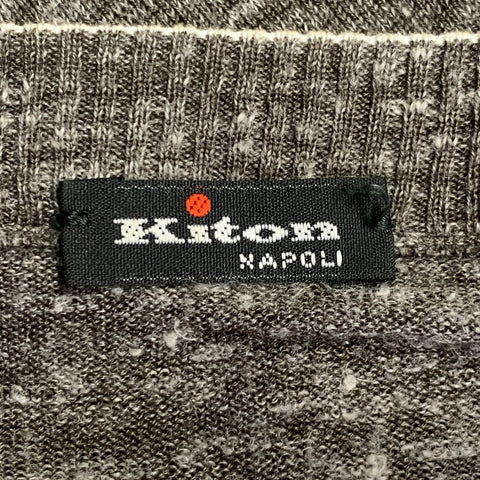 KITON Size XL Heather Brown Cream Red Silk Linen Contrast Trim Crew Neck Pullover