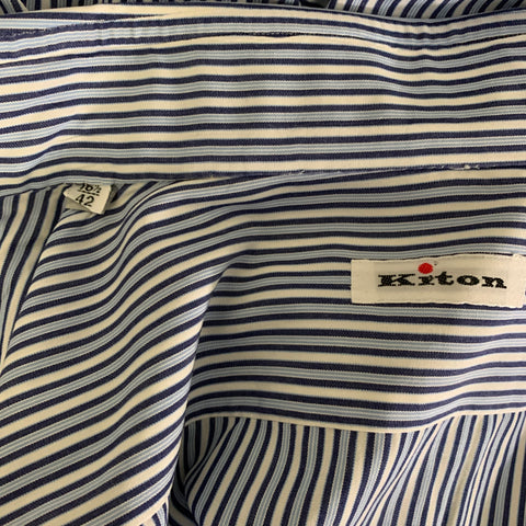 KITON Size 42 Blue White Stripe Cotton Button Up Long Sleeve Shirt