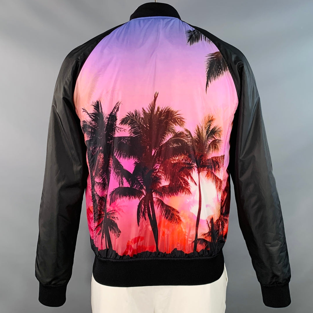 BALMAIN Size L Black Pink Palms Polyester Bomber Jacket