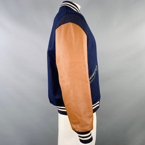 EBBETS FIELD Size L SF Seals 1949 Style Navy Brown Mixed Fabrics Virgin Wool Varsity Jacket