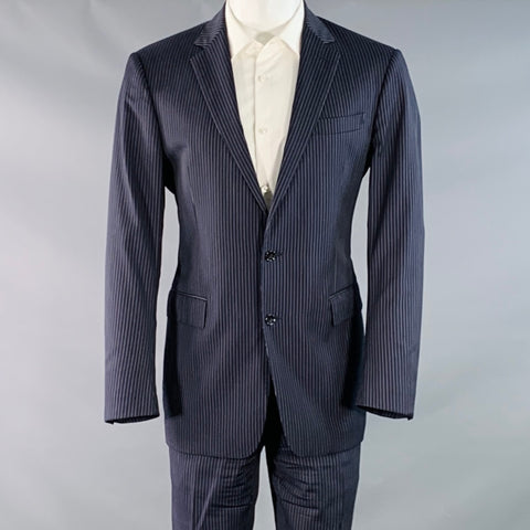 RALPH LAUREN Size 40 Navy Grey Stripe Virgin Wool Notch Lapel Suit