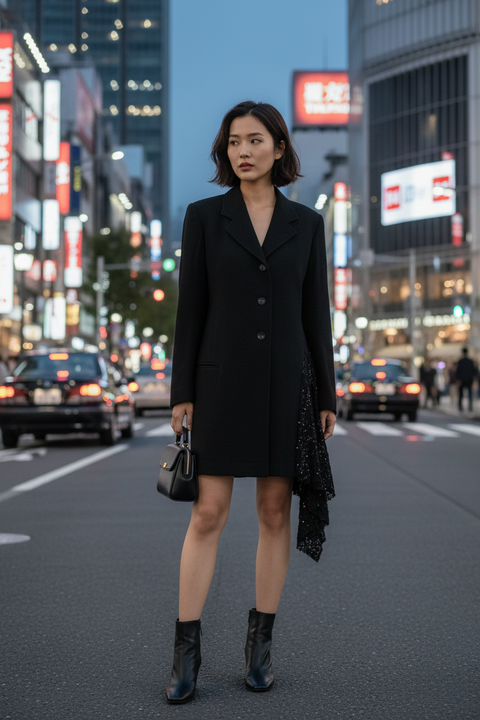 A black wool REI KAWAKUBO jacket with a notch lapel, ruffled lace trim, and a buttoned closure on a mannequin.