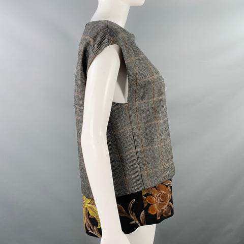 DRIES VAN NOTEN Size 8 Grey Brown Wool Plaid Sleeveless Casual Top