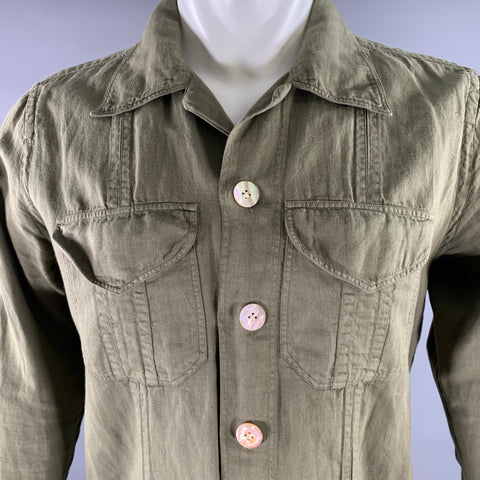 ELEVENTY Size S Green Olive Cotton Blend Camp Long Sleeve Shirt