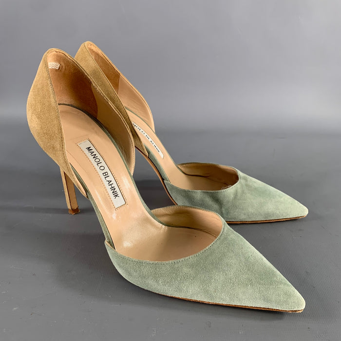 MANOLO BLAHNIK Size 9.5 Sage Tan Suede Two Tone Suede Pointed Toe Pumps