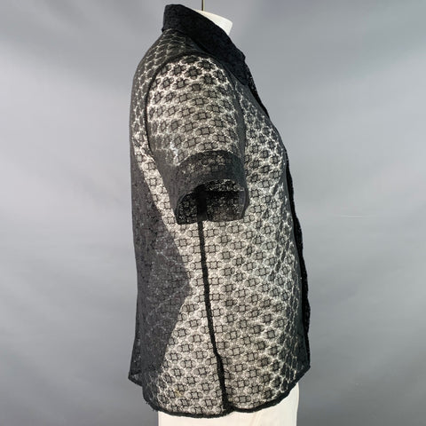 CASABLANCA Size L Black Lace Hidden Placket Short Sleeve Shirt