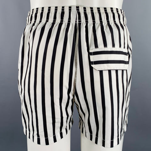 THE KOOPLES Size S White Black Stripe Polyester Drawstring Swim Trunks