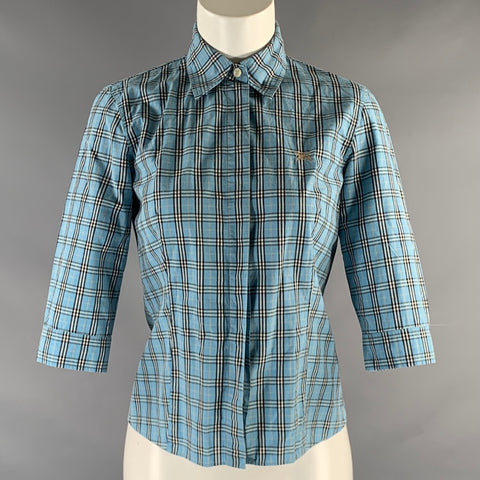 BURBERRY Size S Blue Black White Cotton Plaid Hidden Buttons Blouse