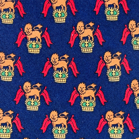 SALVATORE FERRAGAMO Navy Red Orange Lion Crest Silk Tie