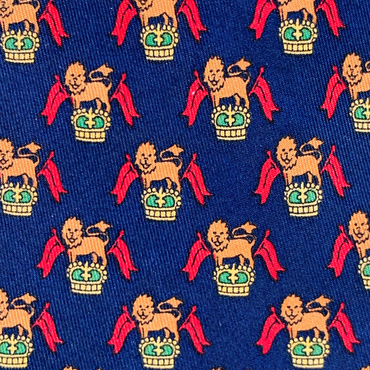 SALVATORE FERRAGAMO Navy Red Orange Lion Crest Silk Tie