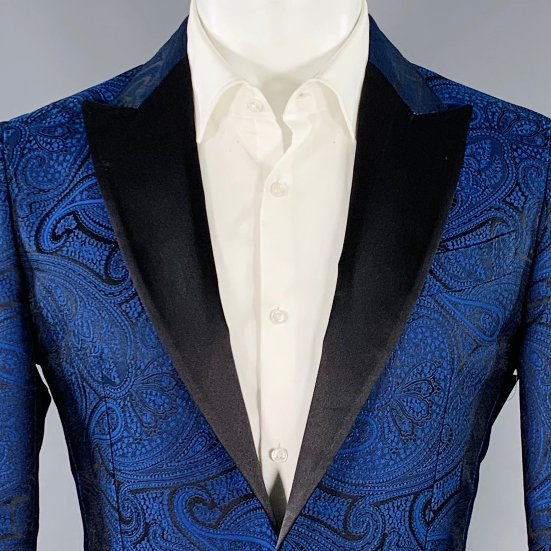 DSQUARED2 Size 40 Blue Black Paisley Polyester Silk Jacquard Tuxedo Sport Coat