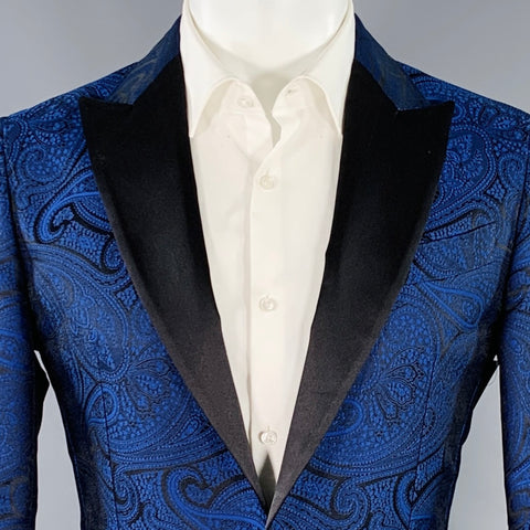 DSQUARED2 Size 40 Blue Black Paisley Polyester Silk Jacquard Tuxedo Sport Coat
