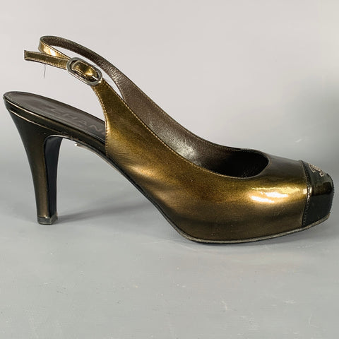 CHANEL Size 8.5 Brown Olive Glittered Patent Leather Slingback Heels  Pumps