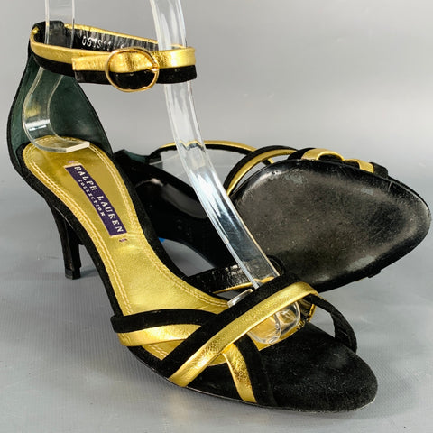 RALPH LAUREN COLLECTION Size 6 Black Metallic Gold Suede Leather Strappy Ankle Strap Sandals