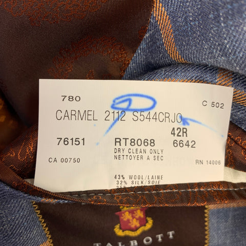 ROBERT TALBOTT Size 42 Blue Orange Window Pane Notch Lapel Sport Coat