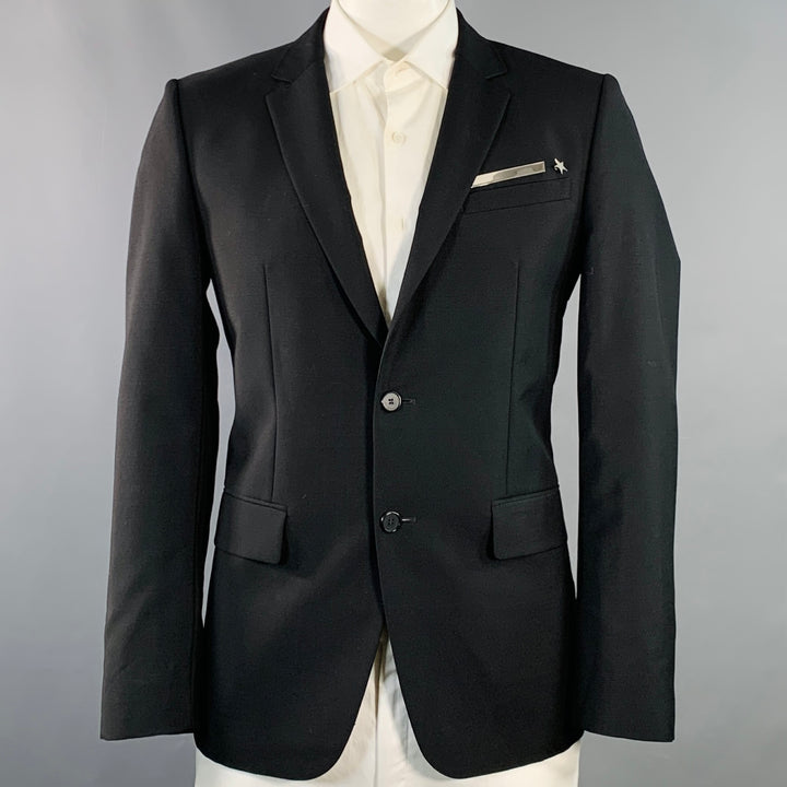 GIVENCHY Size 44 Black Wool Mohair Star Stripe Notch Lapel Sport Coat