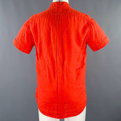 BARENA Size M Red Coral Linen Long Placket Short Sleeve Shirt
