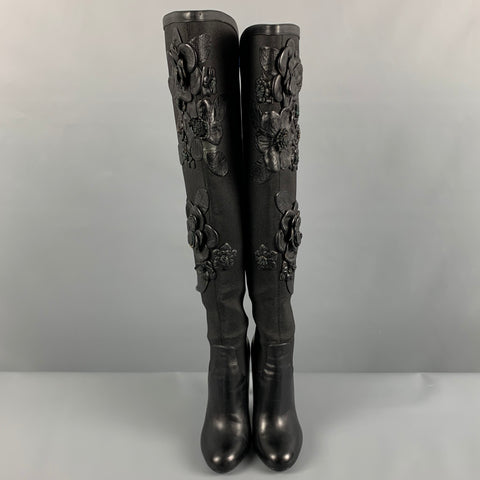 VALENTINO Botas con apliques florales de nailon negro talla 7