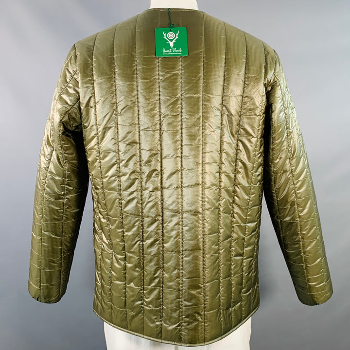 SOUTH 2 WEST 8 Size L Green Quilted Nylon Collarless Puffer Jacket