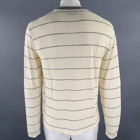 OFFICINE GENERALE Size L Cream Grey Stripe Linen Blend Lightweight Pullover